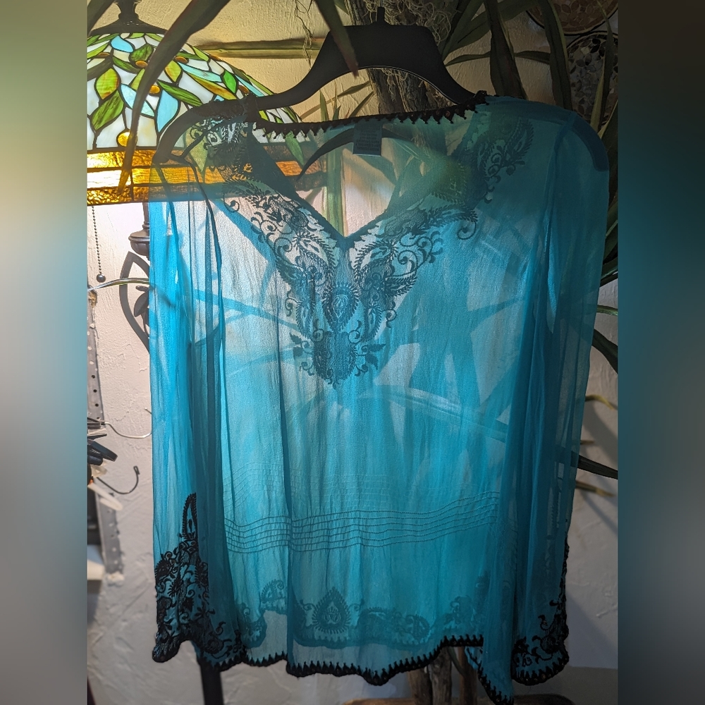 Cache Embellished Turquoise Sheer Cover/Tunic. - image 2